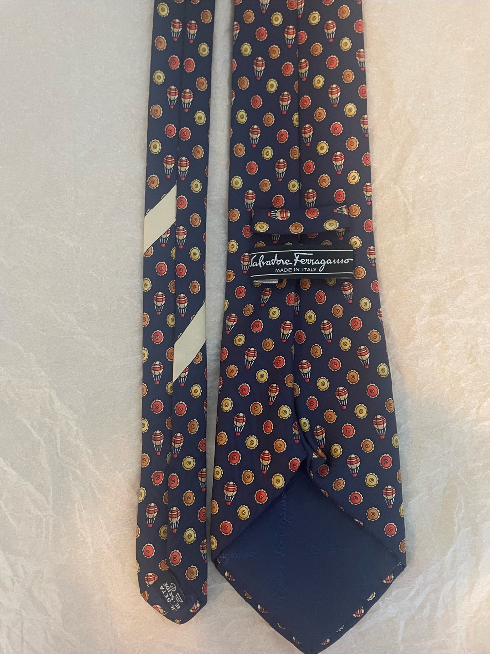 Salvatore Ferragamo Navy Silk Tie with Red and Yellow Medallions